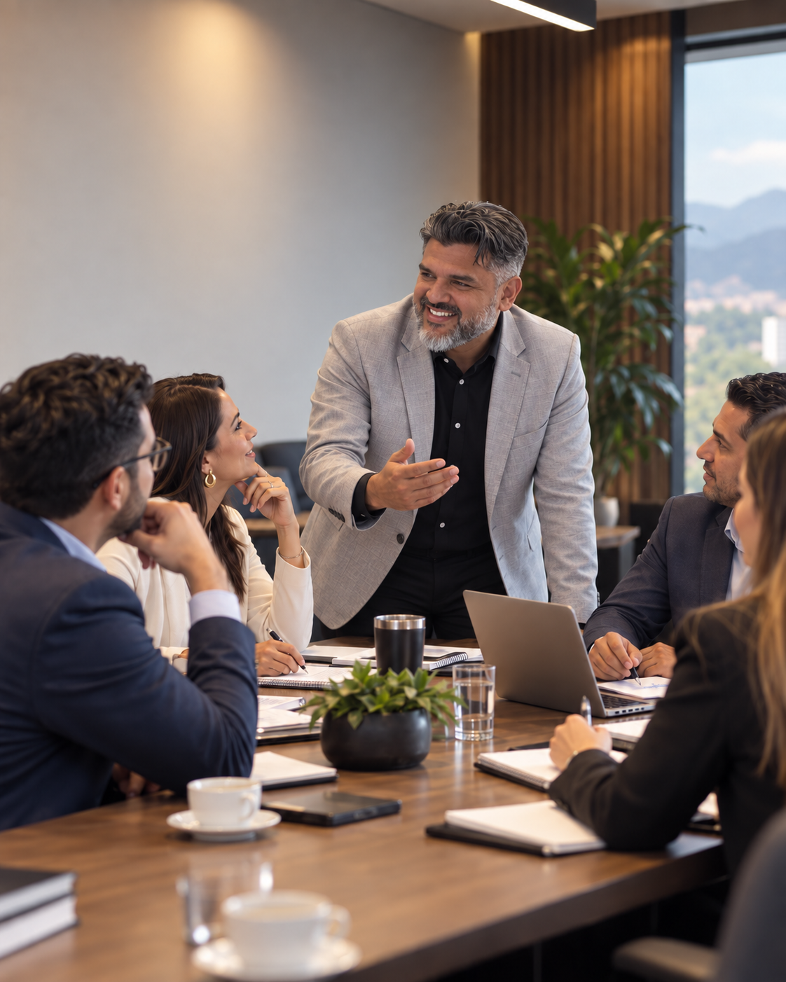 Sesión de consultoría estratégica — equipo directivo en reunión ejecutiva